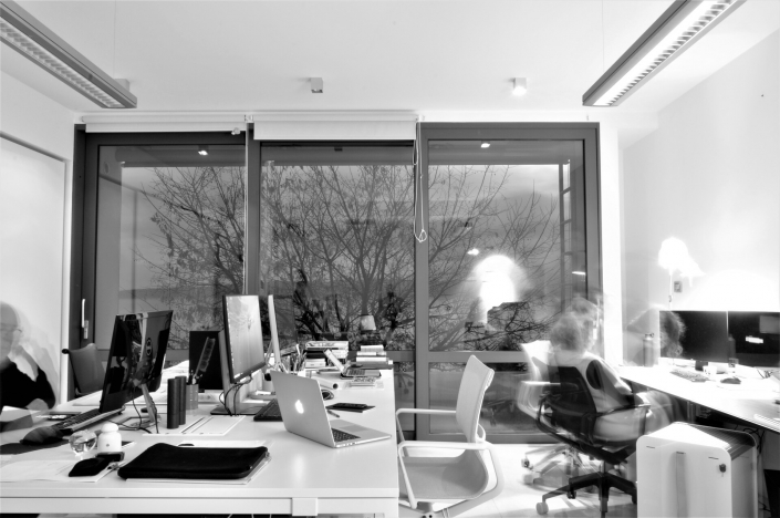 black and white office